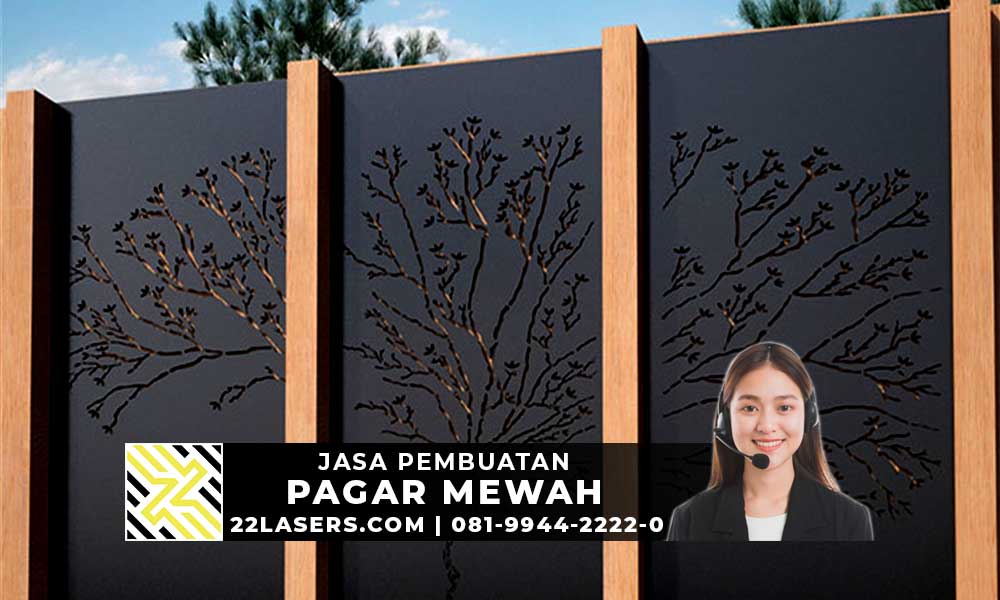 jasa pembuatan pagar rumah mewah, pagar laser cutting warna hitam motif pohon