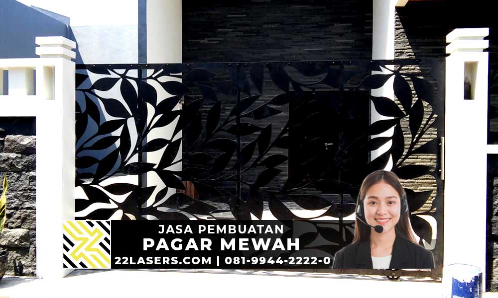 pagar laser cutting untuk rumah mewah dan minimalis warna hitam motif daun kecil