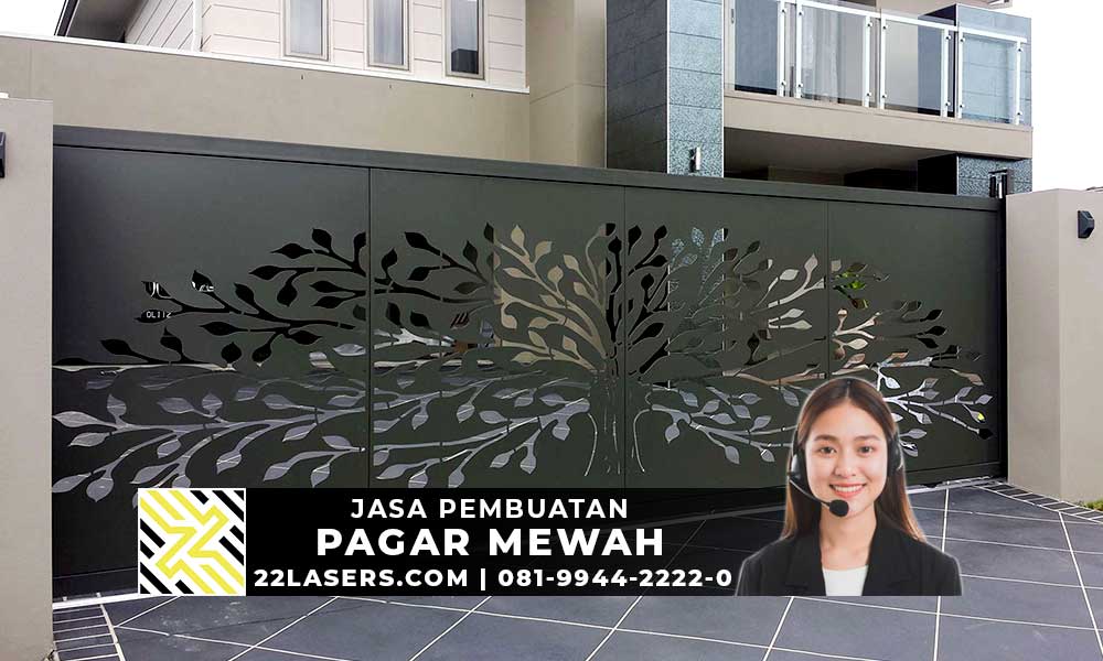 pagar laser cutting untuk rumah mewah dan minimalis warna hitam motif pohon