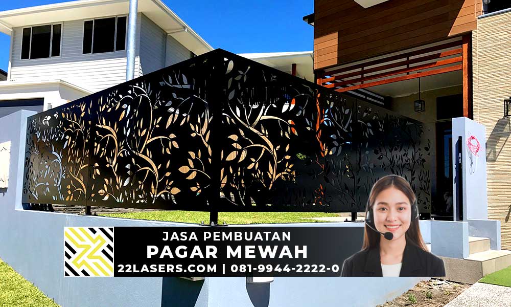 pagar laser cutting rumah mewah motif tanaman warna hitam