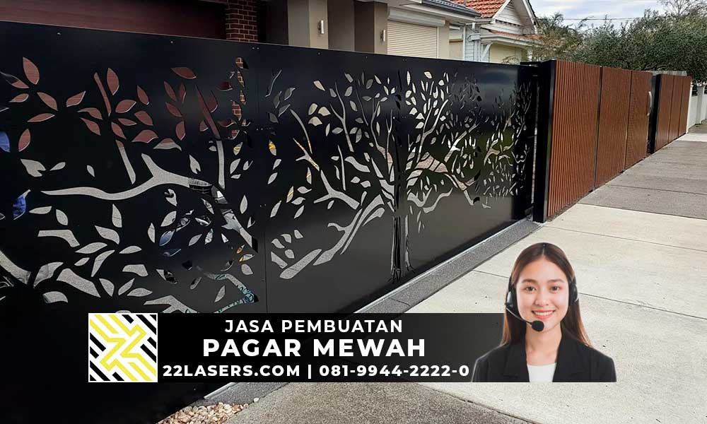 pagar laser cutting untuk rumah mewah dan minimalis warna hitam motif pohon beringin