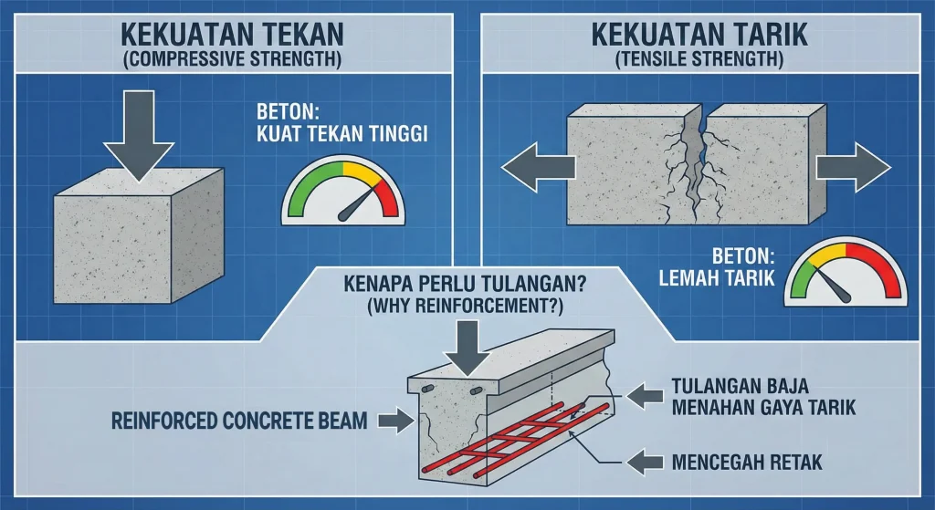 Visual perbandingan kekuatan tekan vs kekuatan tarik beton