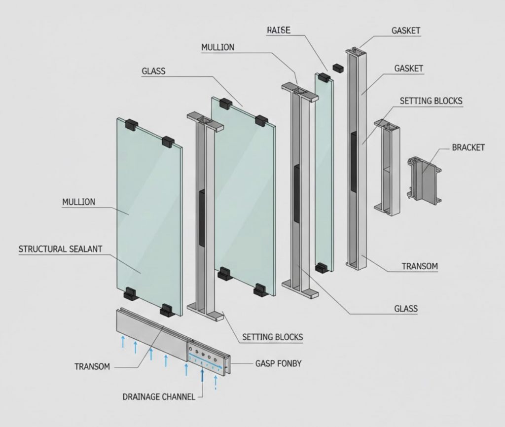 Exploded view diagram curtain wall system