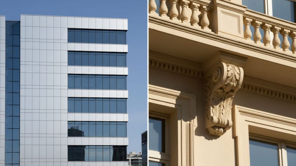 Foto aplikasi—kiri: gedung modern dengan ACP silver metallic (tampilan sleek). Kanan: gedung klasik dengan GRC ornamen (tampilan detail corbel dan molding)
