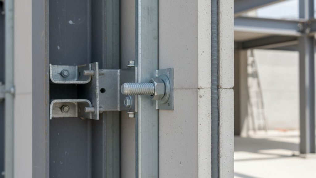 Detail section GRC panel showing backing frame embed, anchor bolt position, sealant joint, dan connection ke rangka baja support