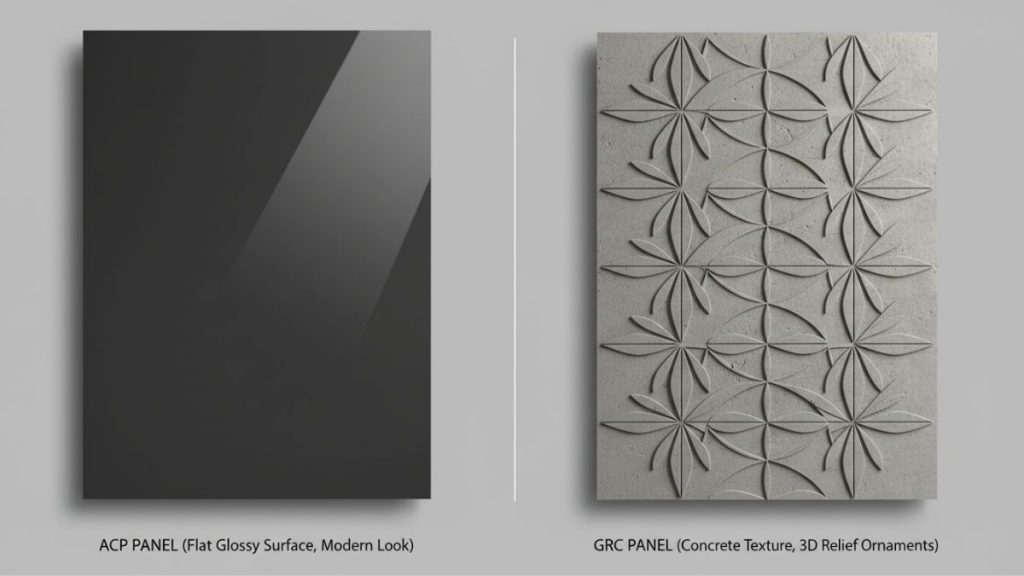 Foto perbandingan side-by-side—ACP panel (permukaan flat mengkilap, tampilan modern) vs GRC panel (tekstur beton, ada ornamen 3D relief)